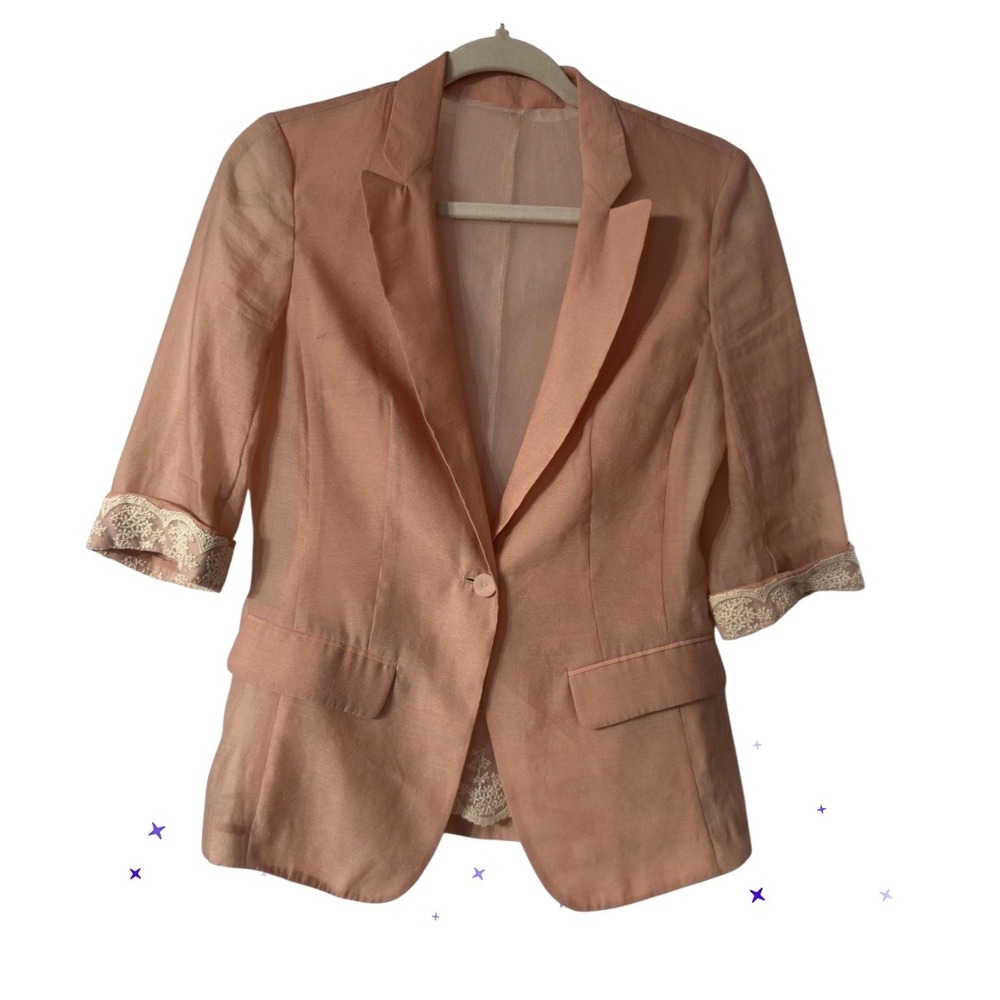 Ochirly Peach Sheer Lace Trim Blazer 3/4 Sleeve Single Button Jacket Small‎